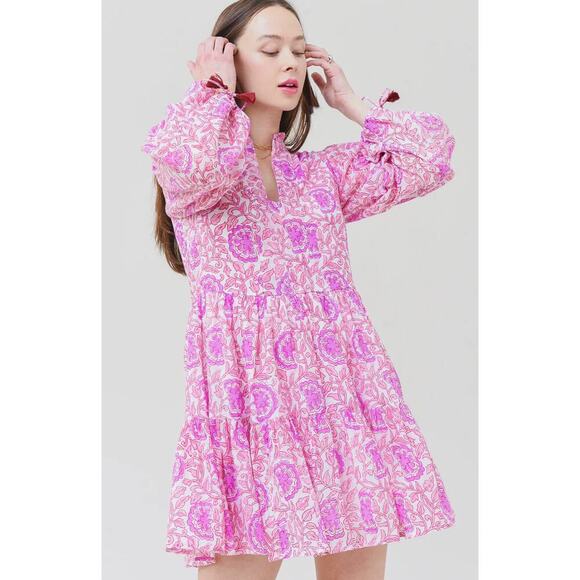 Oliphant Dresses & Skirts - OLIPHANT Tuckernuck Long Sleeve Blouseon Yoke Mini Short Dress Malta Pink Print